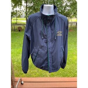 Vintage Swingster Chevrolet Embroidered Navy Blue Jacket L Snap Closure Elastic